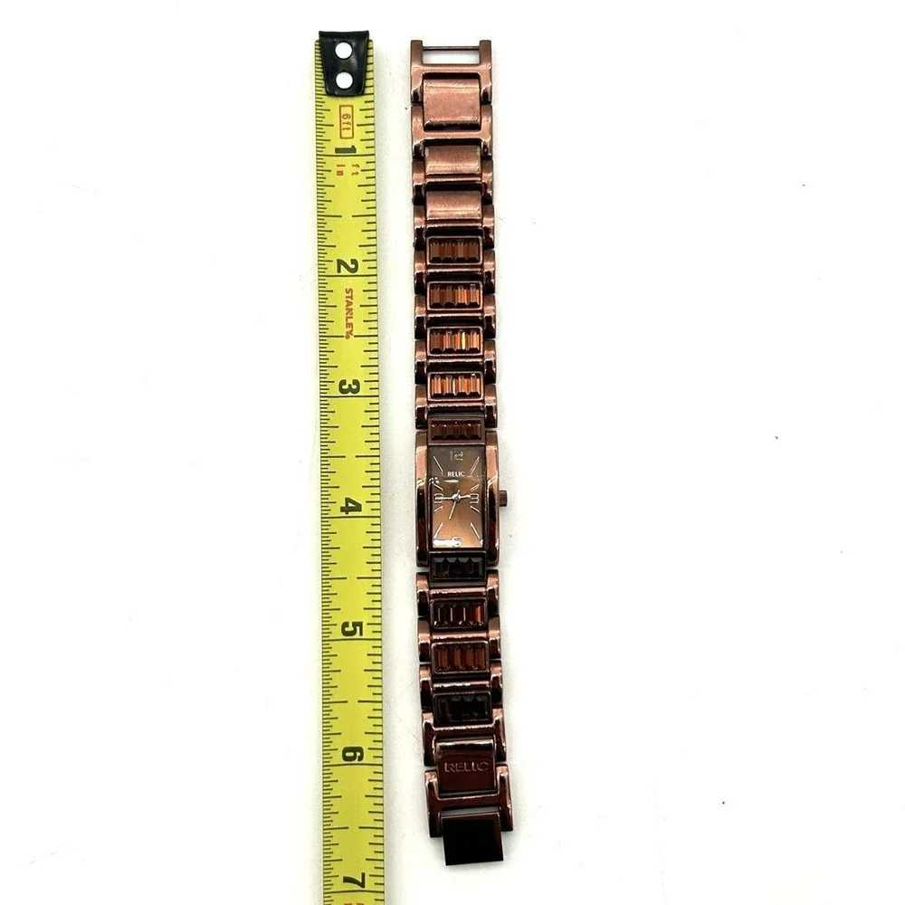 Relic Women's Watch Rose Gold Tone Brown Crystal Accents Rectangular Face